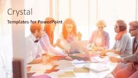  Presentation with conference table - Presentation enhanced with creative businesspeople analyzing photographs at conference table in office background and a lemonade colored foreground