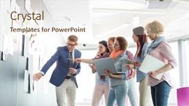  Presentation with creative - Slide set consisting of creative businesspeople discussing over documents background and a sky blue colored foreground