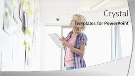  Presentation with creative writing - Slide deck consisting of creative businesswoman looking at papers stuck on wall while writing notes in office background and a sky blue colored foreground