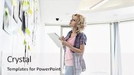  Presentation with creative writing - Presentation consisting of creative businesswoman looking at papers stuck on wall while writing notes in office background and a white colored foreground