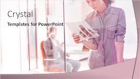  Presentation with photograph - Amazing PPT layouts having creative businesswoman looking at photograph in office backdrop and a sky blue colored foreground