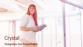  Presentation with files - PPT theme having creative businesswoman looking away while holding files in office background and a lemonade colored foreground