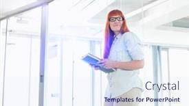  Presentation with files - PPT layouts consisting of creative businesswoman looking away while holding files in office background and a sky blue colored foreground