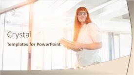  Presentation with files - PPT layouts with creative businesswoman looking away while holding files in office background and a cream colored foreground