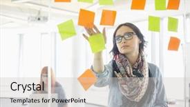  Presentation with creative - Cool new presentation with creative businesswoman reading sticky notes backdrop and a light gray colored foreground