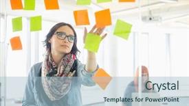  Presentation with sticky notes - Beautiful PPT layouts featuring creative businesswoman reading sticky notes backdrop and a light blue colored foreground
