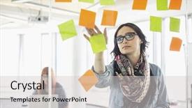  Presentation with sticky notes - Theme with creative businesswoman reading sticky notes background and a light gray colored foreground