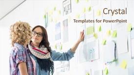  Presentation with stuck - Audience pleasing slide deck consisting of creative businesswomen discussing over papers stuck on wall in office backdrop and a cream colored foreground