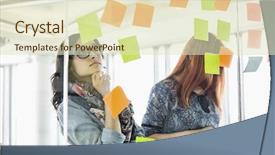  Presentation with sticky notes - PPT theme consisting of creative businesswomen reading sticky notes background and a soft green colored foreground