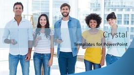  Presentation with smartphones - Colorful PPT theme enhanced with creative colleagues with smartphones in the office backdrop and a light blue colored foreground