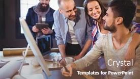  Presentation with coworkers - Amazing slides having creative coworkers smiling while standing by male colleague at computer desk in office backdrop and a violet colored foreground