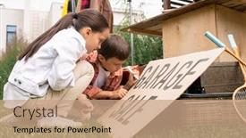  Presentation with kids - Colorful presentation design enhanced with creative-cute-kids-sitting backdrop and a coral colored foreground
