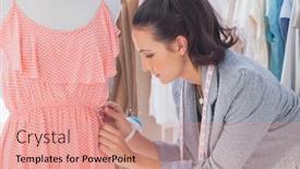  Presentation with mannequin - Colorful PPT theme enhanced with creative designer adjusting dress on a mannequin backdrop and a coral colored foreground