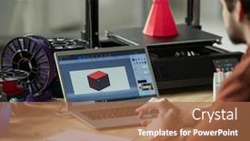  Presentation with new office - Colorful PPT theme enhanced with creative-designer-working-over-new backdrop and a coral colored foreground