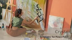  Presentation with black girl - Presentation theme featuring creative-girl-in-casual-attire background and a coral colored foreground