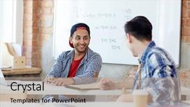  Presentation with project kick off meeting - PPT theme enhanced with creative guys discussing new project background and a  colored foreground