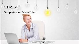  Presentation with light bulbs - Colorful slide set enhanced with creative ideas solutions 3d - business woman sitting at table backdrop and a white colored foreground