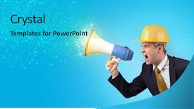  Presentation with sounds - Amazing presentation theme having creative investment - young architect constructor yelling backdrop and a cyan colored foreground