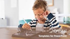  Presentation with using digital tablet - Presentation theme featuring creative-kid-drawing-on-tablet background and a coral colored foreground