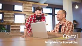  Presentation with coworkers - Colorful presentation theme enhanced with creative male coworkers smiling while discussing over laptop at desk in creative office backdrop and a coral colored foreground