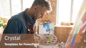  Presentation with apron - Slide set enhanced with creative man in apron mixing colors on palette while working over new painting in front of easel in studio background and a coral colored foreground