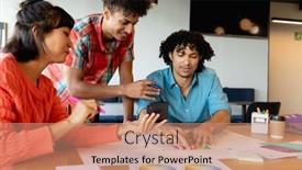  Presentation with workplace diversity - Slide set enhanced with creative-multiracial-design-professionals-discussing background and a coral colored foreground