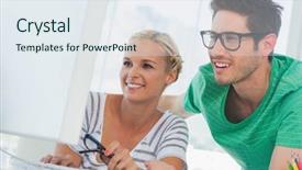  Presentation with creative - Presentation enhanced with creative office working on computer background and a  colored foreground