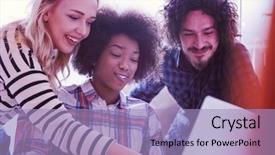  Presentation with team meeting - Amazing PPT theme having creative people - multiethnic startup business team backdrop and a light blue colored foreground