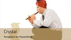 Presentation with flute - Beautiful presentation theme featuring creative photo of businessman wearing turban and playing the flute with stack of money in front of him backdrop and a coral colored foreground