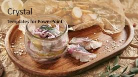  Presentation with vintage food - Amazing PPT theme having vintage design of pickled fish backdrop and a coral colored foreground
