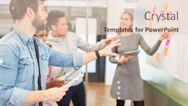  Presentation with team planning - Colorful PPT theme enhanced with creative-start-up-team-discusses backdrop and a lemonade colored foreground