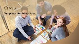  Presentation with design team - Colorful PPT layouts enhanced with creative-start-up-team backdrop and a coral colored foreground