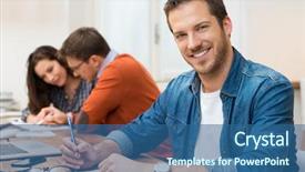  Presentation with office workers - PPT layouts enhanced with creative students - portrait young business man looking background and a ocean colored foreground