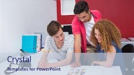  Presentation with students working in groups - Presentation theme having creative students working with photos background and a  colored foreground