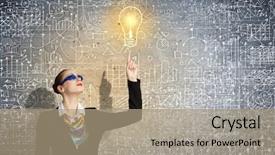  Presentation with idea - PPT theme having creative teaching - image of businesswoman in goggles background and a  colored foreground