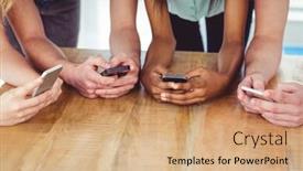  Presentation with smartphones - Cool new PPT theme with creative team all using smartphones in casual office backdrop and a coral colored foreground