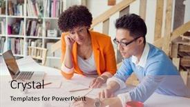  Presentation with team work - Colorful PPT theme enhanced with creative team at work backdrop and a coral colored foreground