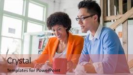  Presentation with team work - PPT theme enhanced with creative team at work background and a coral colored foreground