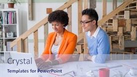  Presentation with team work - Amazing slide deck having creative team at work backdrop and a sky blue colored foreground