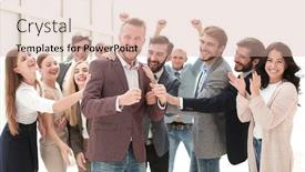  Presentation with team leader - Presentation theme consisting of creative-team-congratulating-their-leader background and a soft green colored foreground