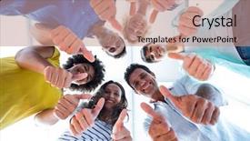  Presentation with creative - Beautiful PPT theme featuring creative team gesturing thumbs up backdrop and a coral colored foreground