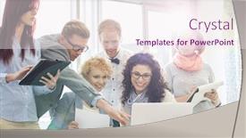  Presentation with team meeting - PPT theme featuring creative team having a meeting background and a sky blue colored foreground