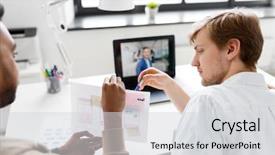  Presentation with video conference - Colorful PPT layouts enhanced with creative team having video conference backdrop and a light gray colored foreground