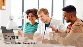  Presentation with business communication - Cool new PPT layouts with creative team having video conference backdrop and a coral colored foreground