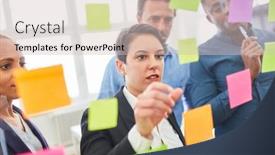  Presentation with sticky notes - Slide set enhanced with creative-team-in-brainstorming-workshop background and a soft green colored foreground