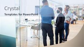  Presentation with creative - Presentation design featuring creative-team-in-the-office background and a light blue colored foreground