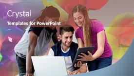  Presentation with design team - Amazing theme having creative team looking at digital tablet against colourful abstract design backdrop and a tawny brown colored foreground