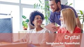  Presentation with business networking - Amazing PPT theme having creative team networking with computer backdrop and a coral colored foreground