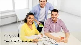  Presentation with interior design office - Colorful PPT layouts enhanced with creative team of interior designers backdrop and a  colored foreground