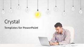  Presentation with light bulbs - Cool new slide deck with creative thinking - business man sitting at table backdrop and a white colored foreground